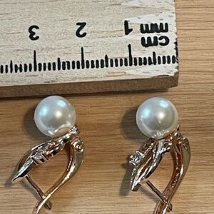 Pearl French Clip Earrings | Gold Tone Leaf Design | New